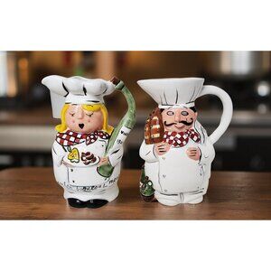 vintage fat chef pair of woman and man chef 32oz.ea ceramic pitchers.